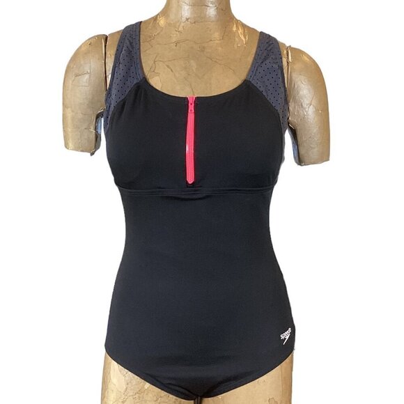 Speedo Endurance+ One Piece Swimsuit Black Zip Neck Sz 8 #293M - Picture 2 of 9